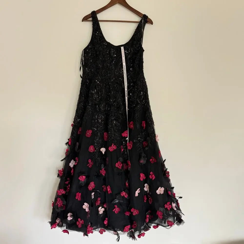 NEW Mag Duggal Sequin Floral Appliqué 3D FlowersBlack Midi Dress Size 10 - Picture 9 of 15